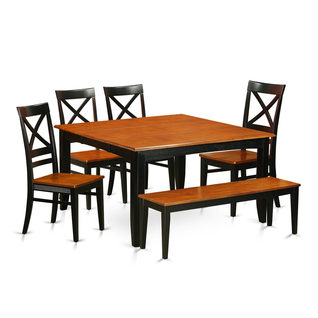 PFQU6-NBV-R 6 Piece Square Dining Ensemble with Butterfly Leaf Table + Chairs & Bench, Black & Cherry