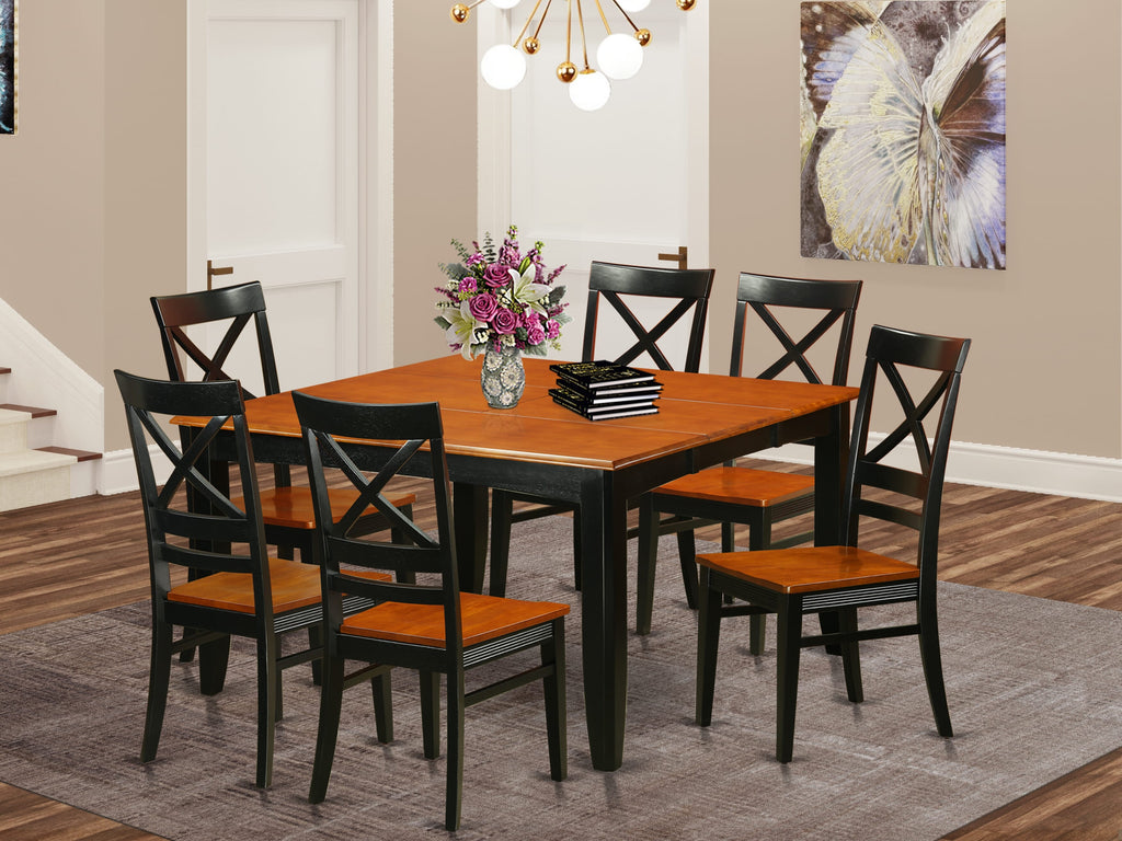 PFQU7-S1G-E Elegant 7-Piece Kitchen Dining Set with Butterfly Leaf Table and 6 Chairs, 54 Black & Cherry Wood