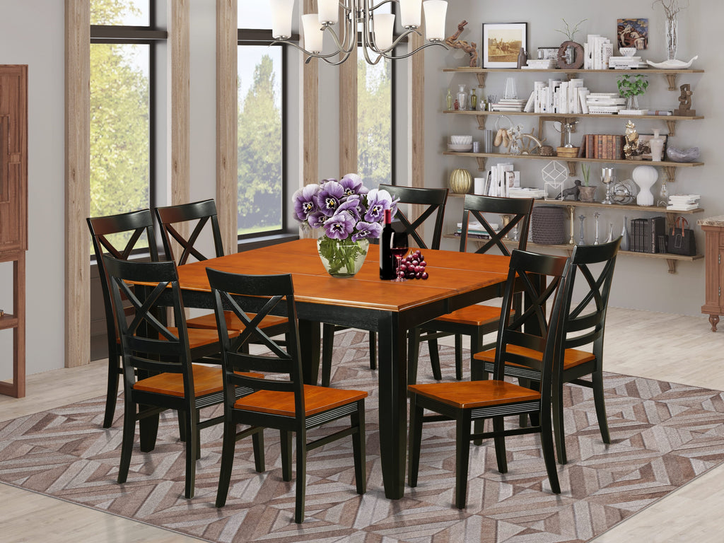 PFQU9-NCL-I 9-Piece Dining Ensemble With Square Table & Butterfly Leaf, 8 Chairs, Black & Cherry Finish