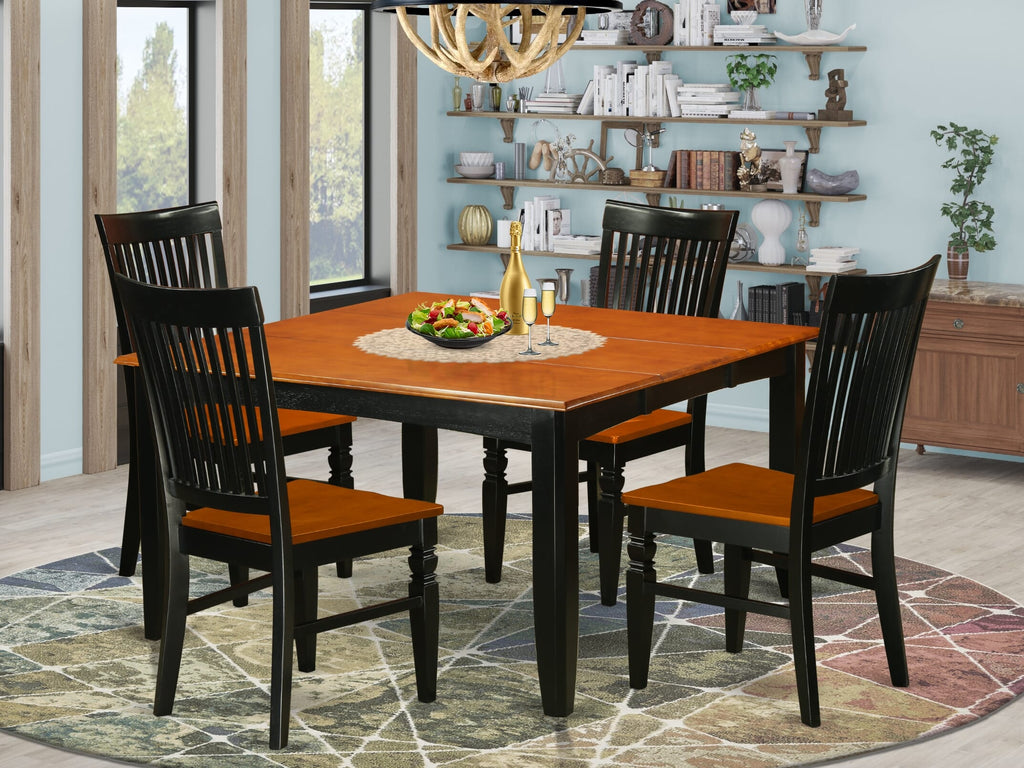 PFWE5-O0R-2 Elegant 5-Piece Dining Set Square Table with Leaf & 4 Chairs, Black & Cherry Finish