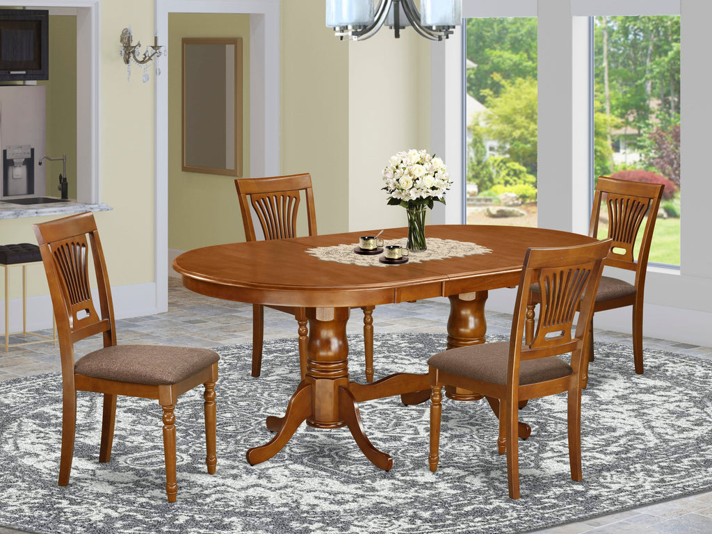 PLAI5-GG5-Y 5-Piece Dining Ensemble Oval Table with Butterfly Leaf & 4 Chairs, 42x78, Saddle Brown
