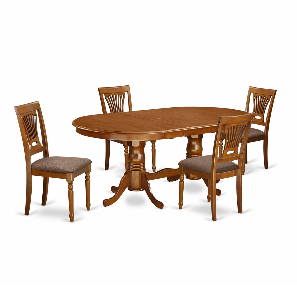 PLAI5-GG5-Y 5-Piece Dining Ensemble Oval Table with Butterfly Leaf & 4 Chairs, 42x78, Saddle Brown