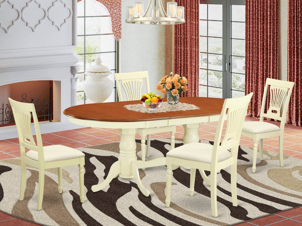 PLAI5-89B-T 5 Piece Dining Ensemble Elegantly Crafted Oval Table with Leaf Extension & 4 Upholstered Chairs