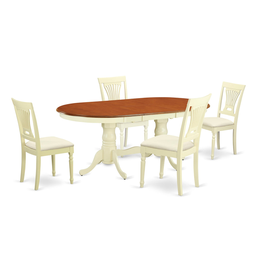 PLAI5-89B-T 5 Piece Dining Ensemble Elegantly Crafted Oval Table with Leaf Extension & 4 Upholstered Chairs