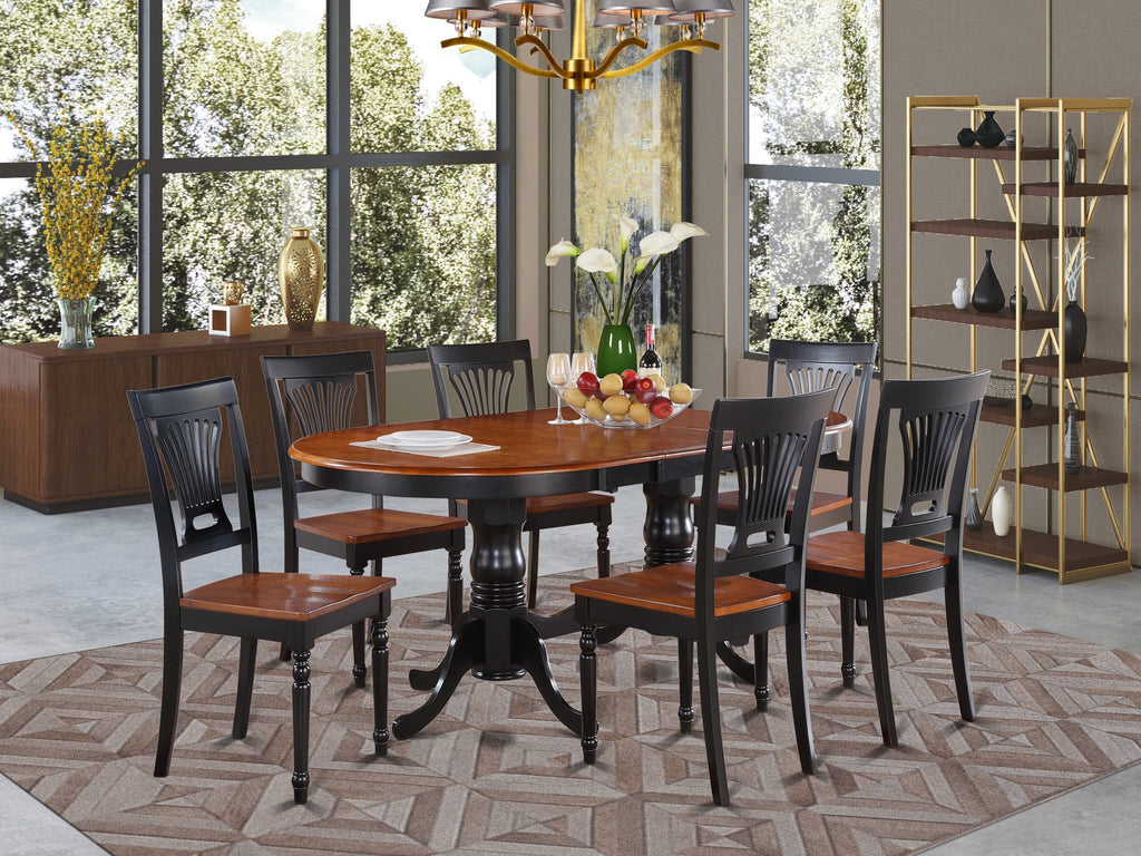 PLAI7-ZV8-8 Dining Ensemble 7-Piece Set with Oval Table, Leaf Extension & Six Chairs, Black & Cherry, 42x78