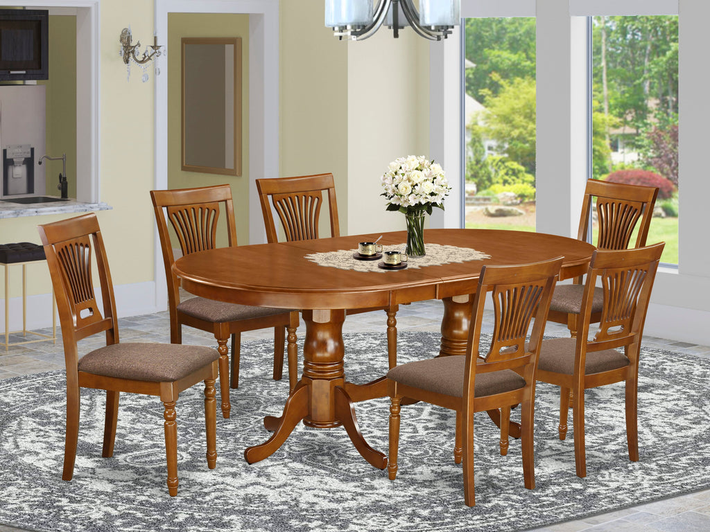 PLAI7-CFO-T Elegant 7-Piece Dining Ensemble with Expandable Oval Table and Plush Fabric Chairs, Saddle Brown, 42x78 Inch