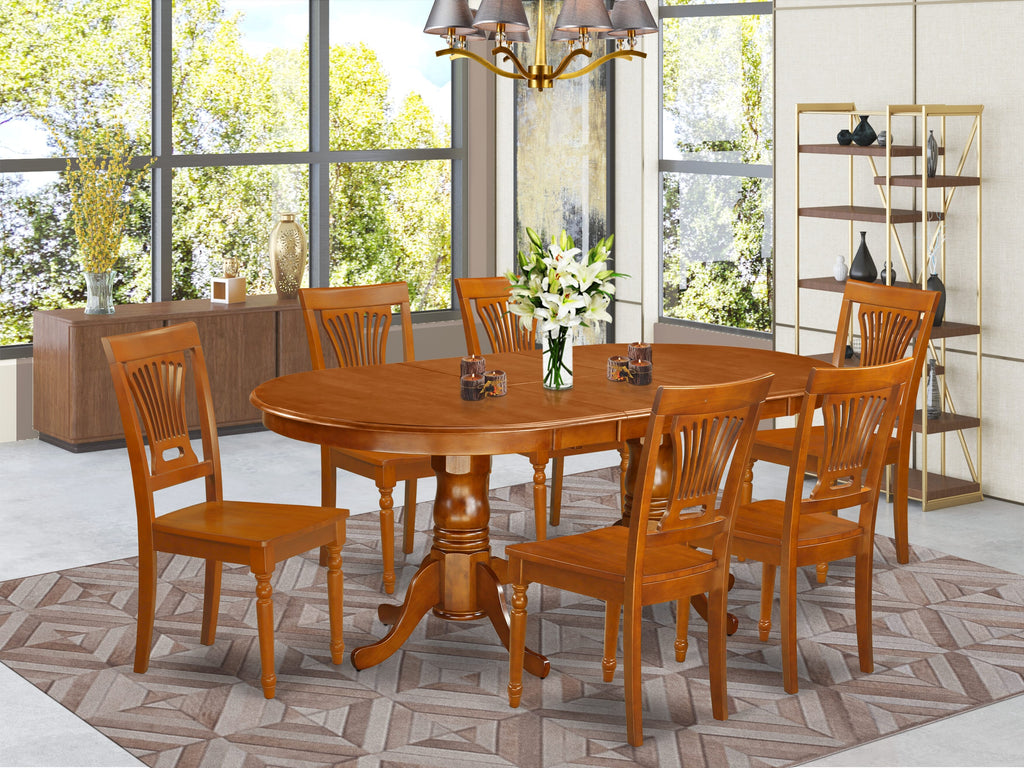 PLAI7-HAC-J 7-Piece Dining Room Set Oval Table with Expandable Leaf and Chairs, Warm Brown Finish