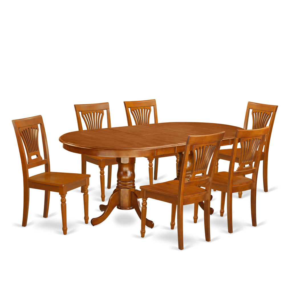 PLAI7-HAC-J 7-Piece Dining Room Set Oval Table with Expandable Leaf and Chairs, Warm Brown Finish
