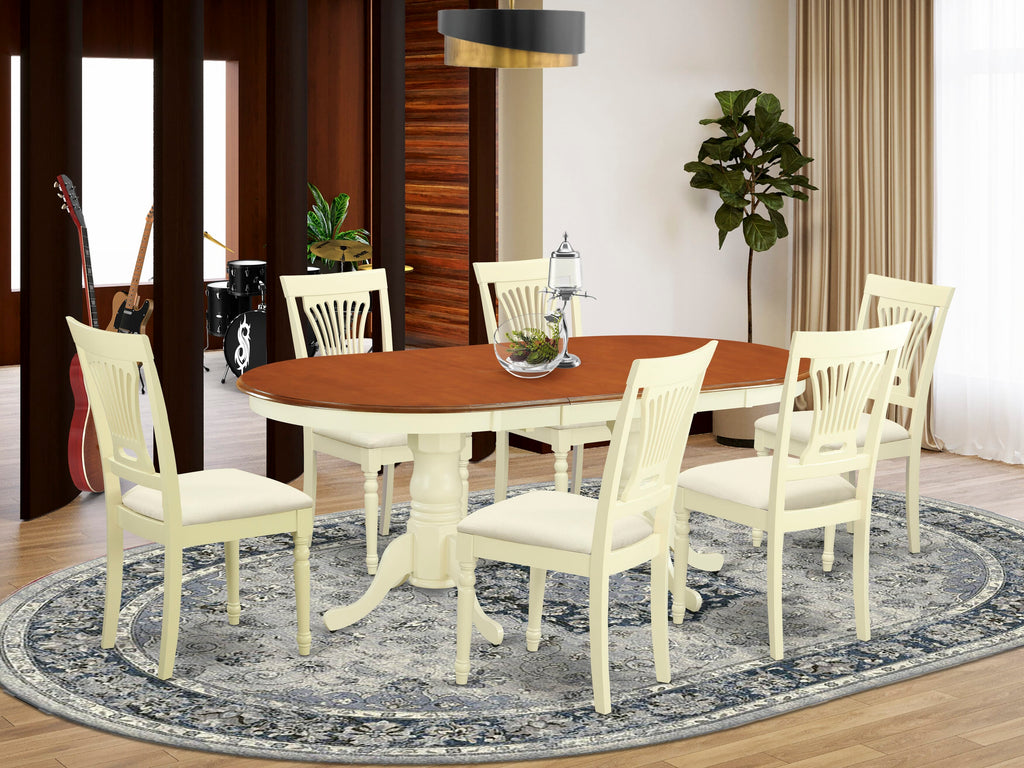 7-Piece Dining Set with Oval Extendable Table and 6 Fabric Chairs - Buttermilk Cherry,  PLAI7-G9W-Q