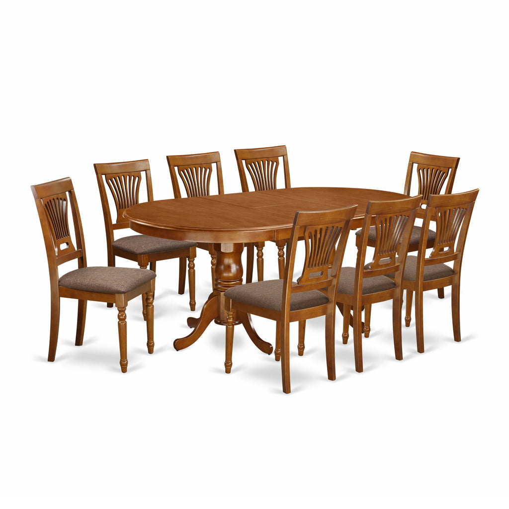 PLAI9-6M1-9 Elegant 9-Piece Dining Ensemble with Oval Table & 8 Cushioned Chairs, 42x78 Inch, Warm Saddle Brown Finish