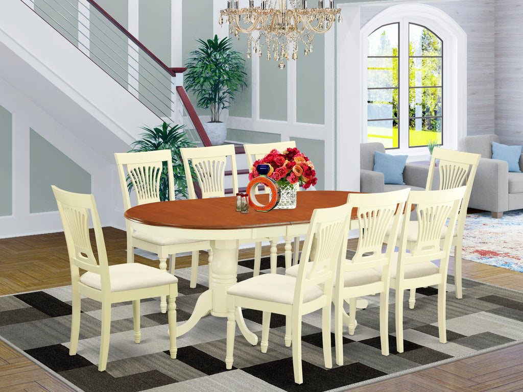 PLAI9-5S6-1 Elegant 9-Piece Dining Ensemble with Oval Extendable Table and 8 Upholstered Chairs, Buttermilk & Cherry Charm