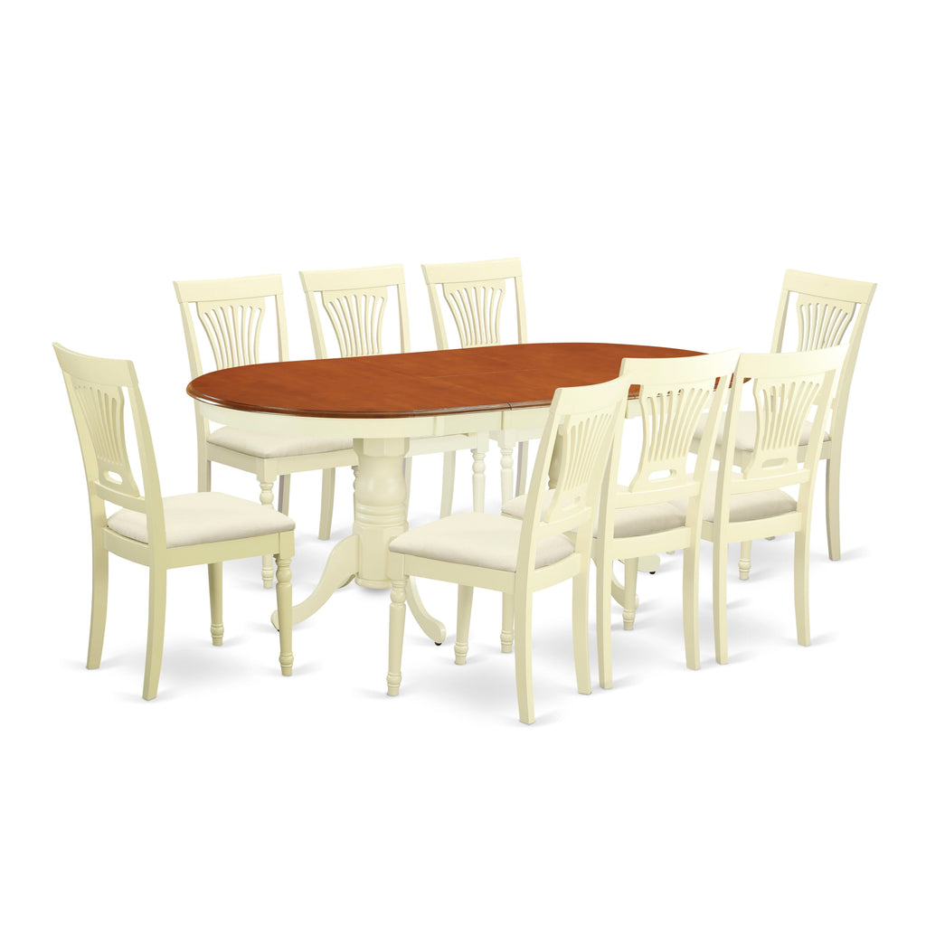 PLAI9-5S6-1 Elegant 9-Piece Dining Ensemble with Oval Extendable Table and 8 Upholstered Chairs, Buttermilk & Cherry Charm