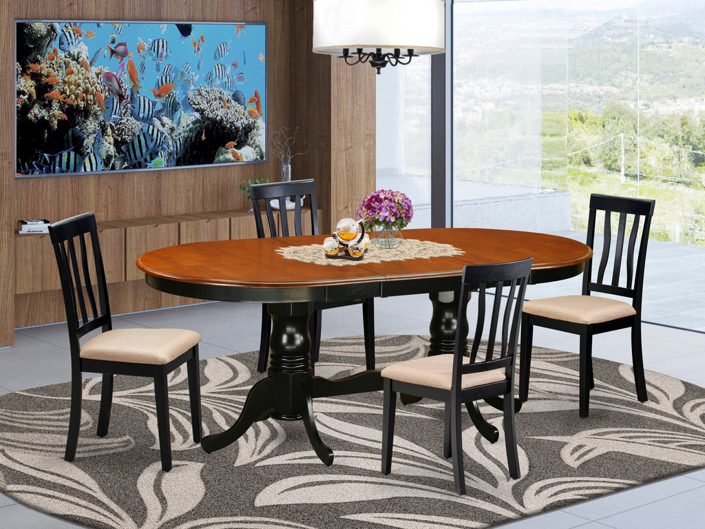 PLAN5-17U-F Elegant 5-Piece Dining Set with Expandable Oval Table and 4 Comfortable Linen Chairs, Black & Cherry
