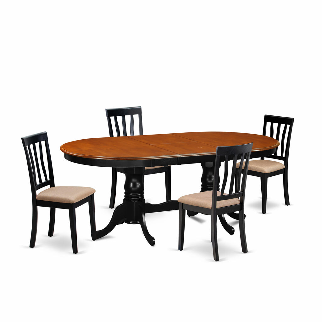 PLAN5-17U-F Elegant 5-Piece Dining Set with Expandable Oval Table and 4 Comfortable Linen Chairs, Black & Cherry