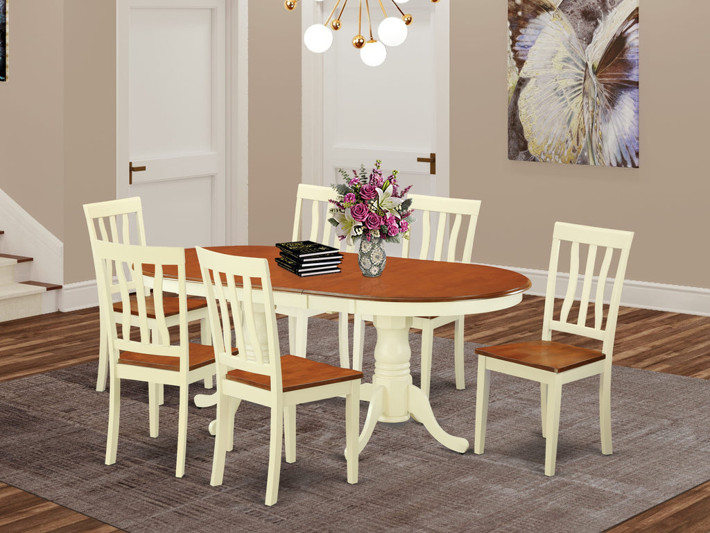 PLAN7-7GD-B 7-Piece Dining Set with Oval Table & Leaf, Wood & Chairs, 42x78 Inch, Buttermilk & Cherry