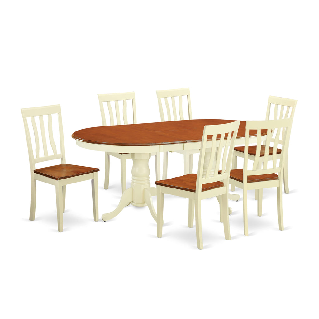 PLAN7-7GD-B 7-Piece Dining Set with Oval Table & Leaf, Wood & Chairs, 42x78 Inch, Buttermilk & Cherry