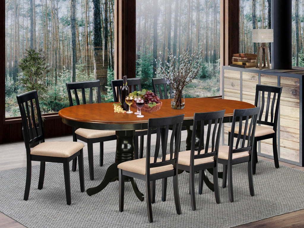 PLAN9-8RY-P 9-Piece Dining Ensemble with Expanding Oval Table & 8 Soft Fabric Chairs, Black & Cherry Accents