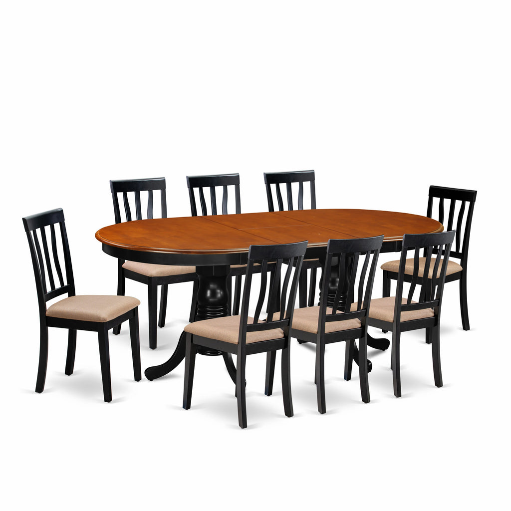 PLAN9-8RY-P 9-Piece Dining Ensemble with Expanding Oval Table & 8 Soft Fabric Chairs, Black & Cherry Accents