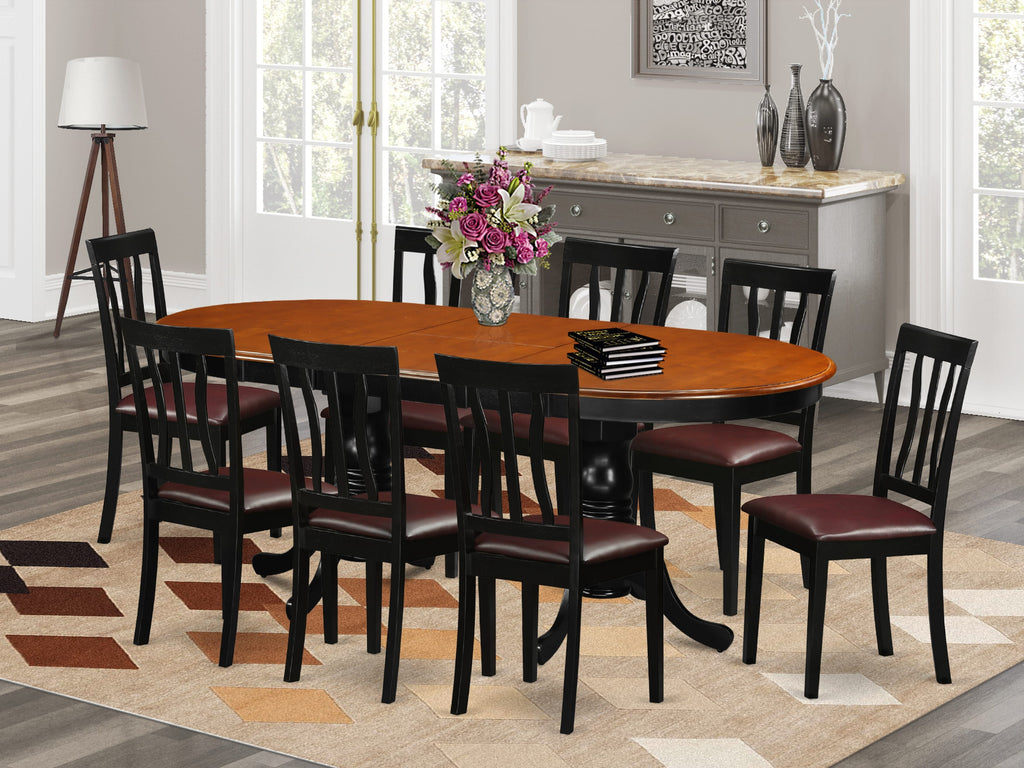 PLAN9-5XI-WO 9-Piece Elegant Cherry & Black Dining Set with Oval Table & Leaf and 8 Faux Leather Chairs
