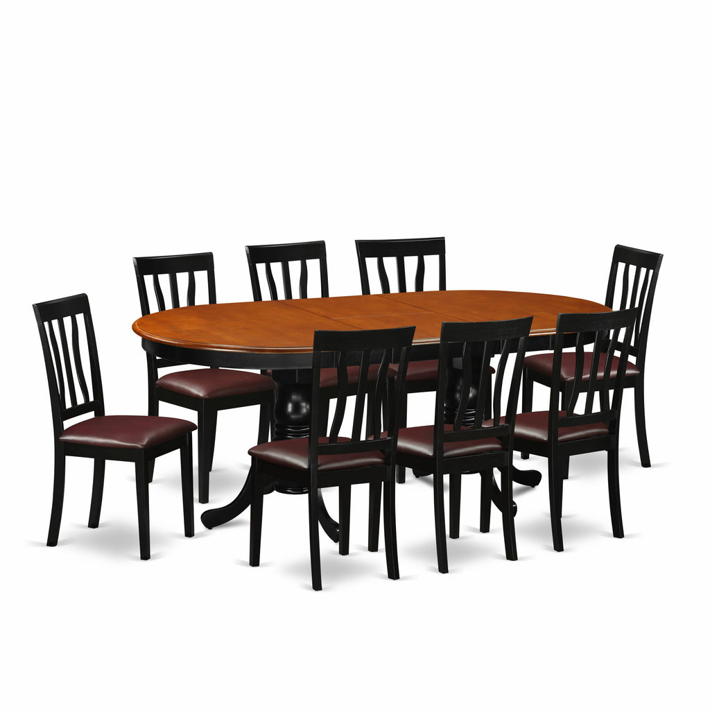 PLAN9-5XI-WO 9-Piece Elegant Cherry & Black Dining Set with Oval Table & Leaf and 8 Faux Leather Chairs