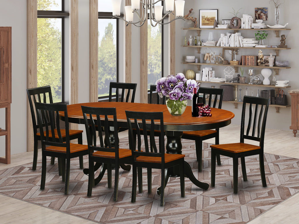 PLAN9-C6I-4 9-Piece Oval Dining Set with Butterfly Leaf Table & 8 Wooden Chairs, 42x78, Black/Cherry