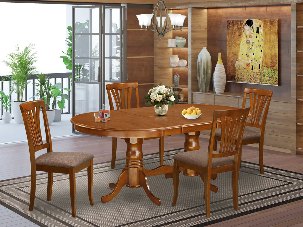 PLAV5-KM4-I 5-Piece Set with Oval Table, Butterfly Extension & 4 Fabric Seats, 42x78 in Warm Brown