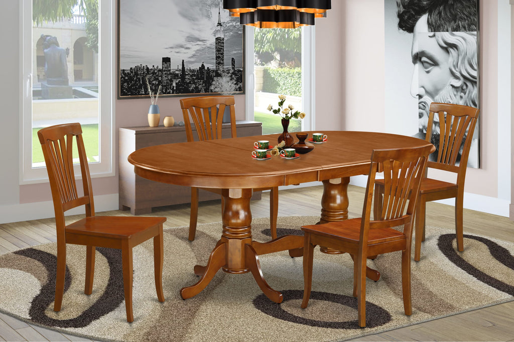 PLAV5-18P-7 5-Piece Dining Collection Oval Table with Leaf and 4 Chairs, 42x78 Saddle Brown