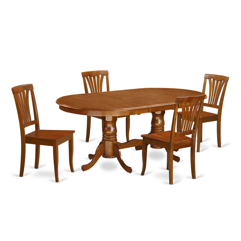 PLAV5-18P-7 5-Piece Dining Collection Oval Table with Leaf and 4 Chairs, 42x78 Saddle Brown