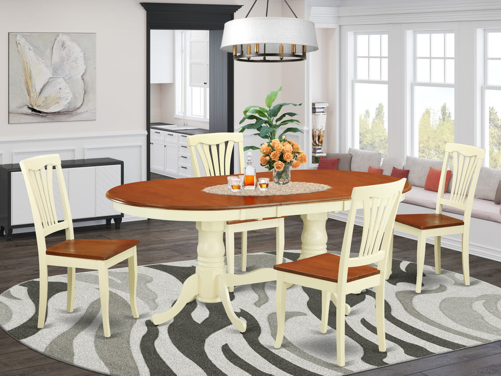 PLAV5-L1C-A 5-Piece Dining Set Oval Extendable Cherry Table with Leaf & 4 Buttermilk Chairs, 42x78