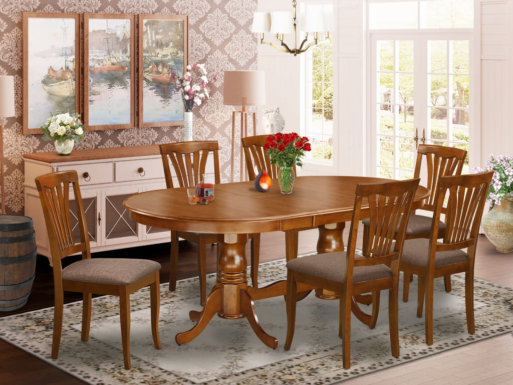 PLAV7-LN4-5 7-Piece Dining Set Featuring Oval Table with Butterfly Leaf and 6 Luxurious Chairs, Saddle Brown, 42x78