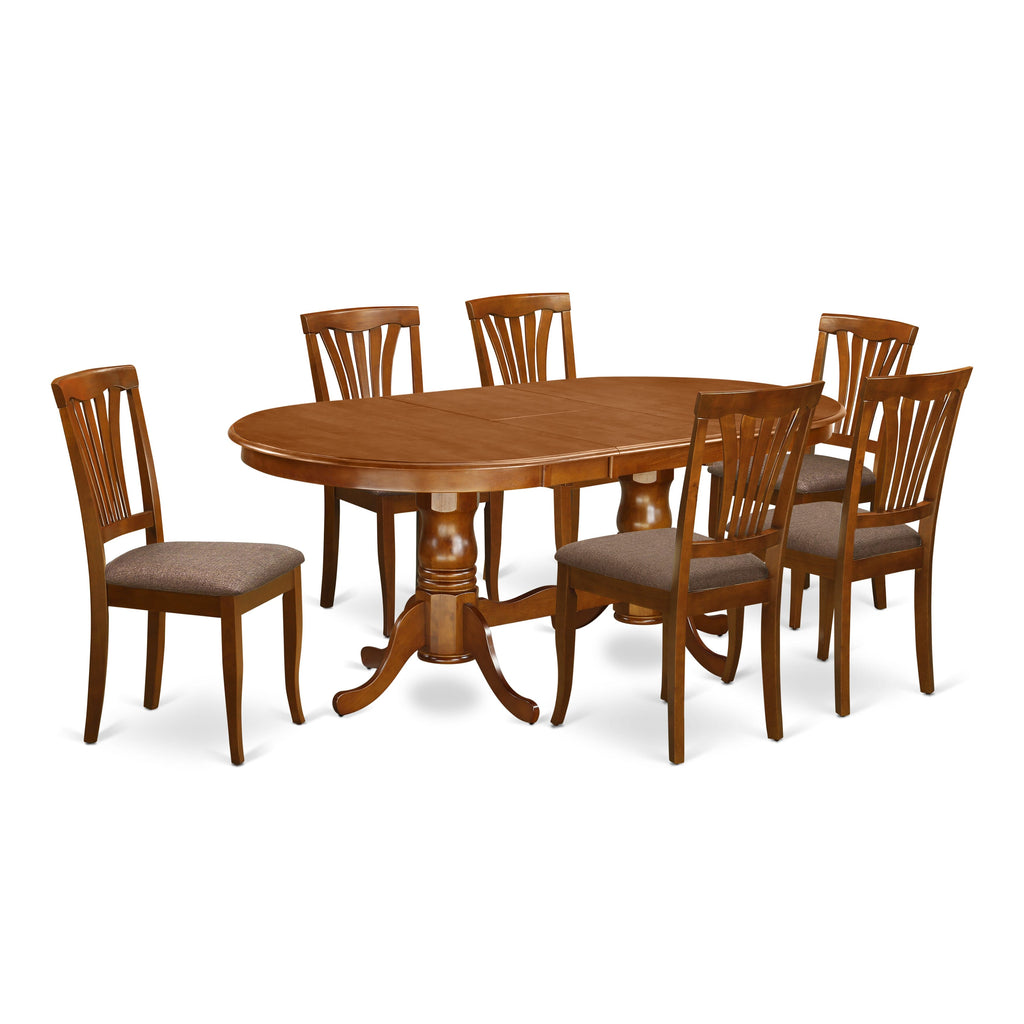 PLAV7-LN4-5 7-Piece Dining Set Featuring Oval Table with Butterfly Leaf and 6 Luxurious Chairs, Saddle Brown, 42x78