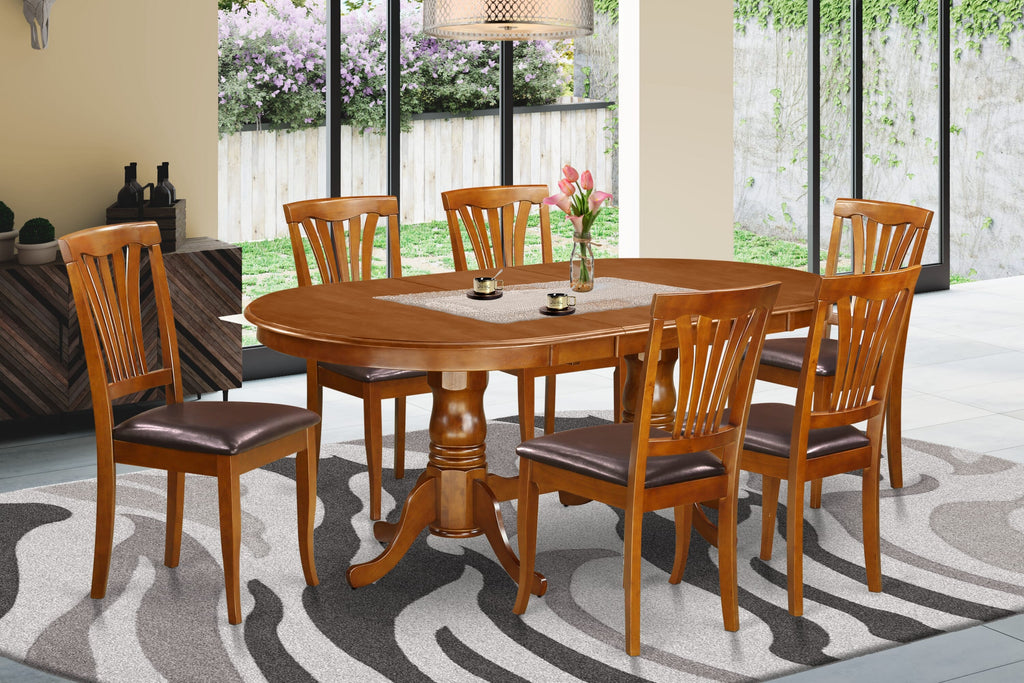 PLAV7-I1C-31 7-Piece Saddle Brown Dining Ensemble with Oval Table & Faux Leather Chairs, 42x78