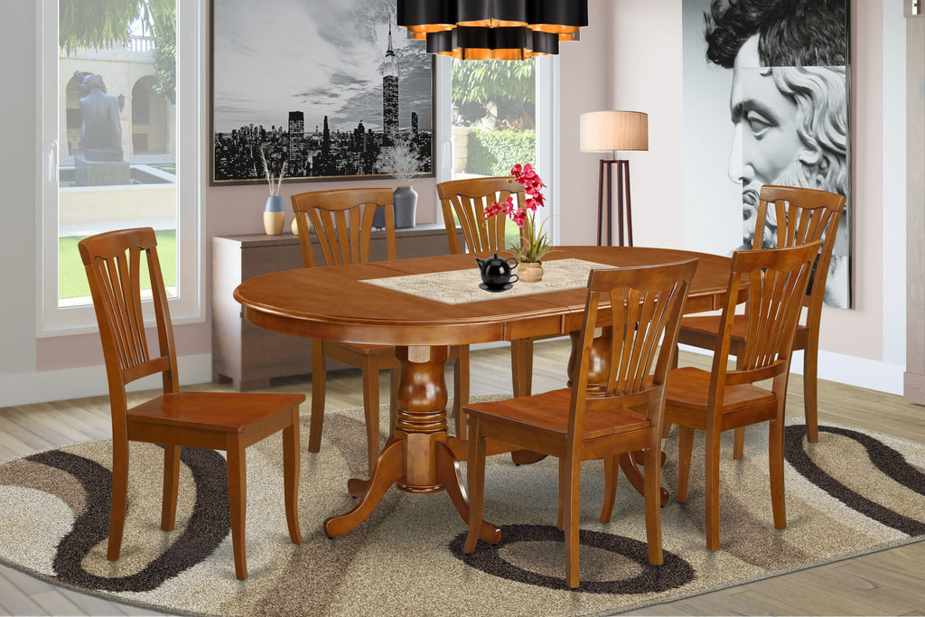 PLAV7-59N-K 7-Piece Dining Ensemble with Oval Extension Table & Six Chairs, 42x78, Saddle Brown