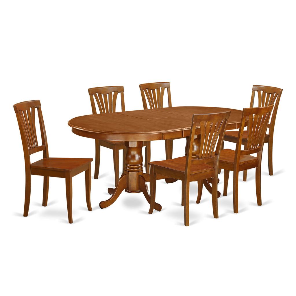 PLAV7-59N-K 7-Piece Dining Ensemble with Oval Extension Table & Six Chairs, 42x78, Saddle Brown