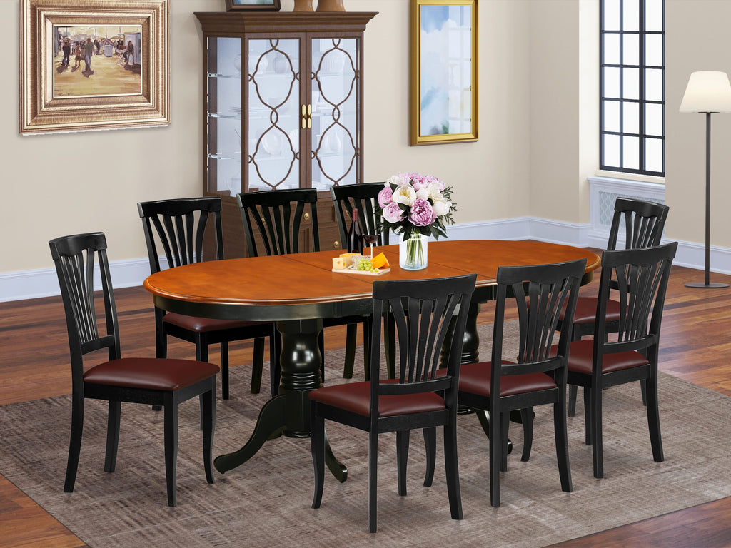 PLAV9-MNU-RL Gatherings Style Ensemble 9-Part Oval Dining Table w/ Butterfly Leaf & 8 Leather Like Chairs, 42x78, Black & Cherry