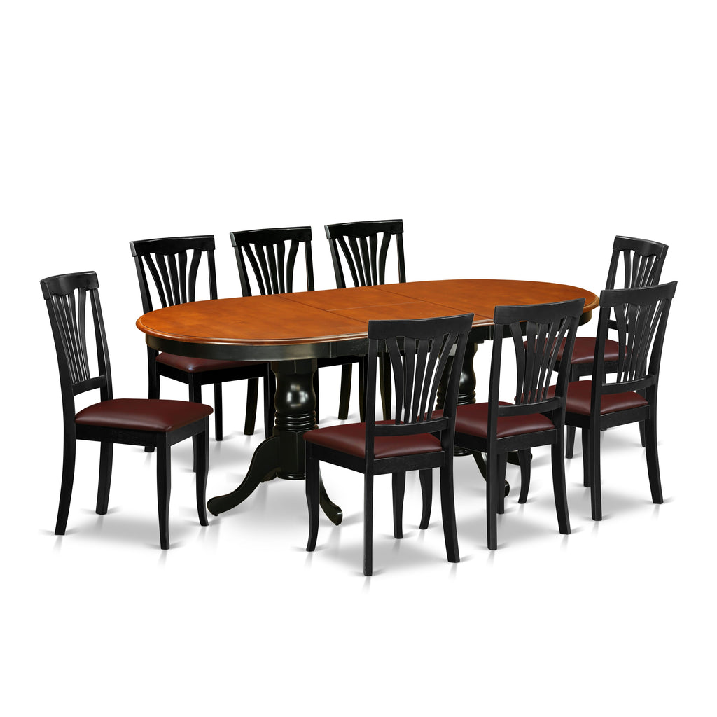 PLAV9-MNU-RL Gatherings Style Ensemble 9-Part Oval Dining Table w/ Butterfly Leaf & 8 Leather Like Chairs, 42x78, Black & Cherry