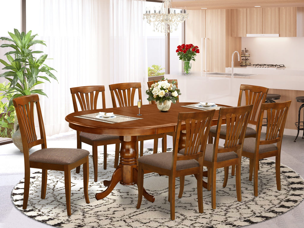 PLAV9-Q3C-G 9-Piece Oval Dining Set with Butterfly Extension and 8 Upholstered Chairs, Brown