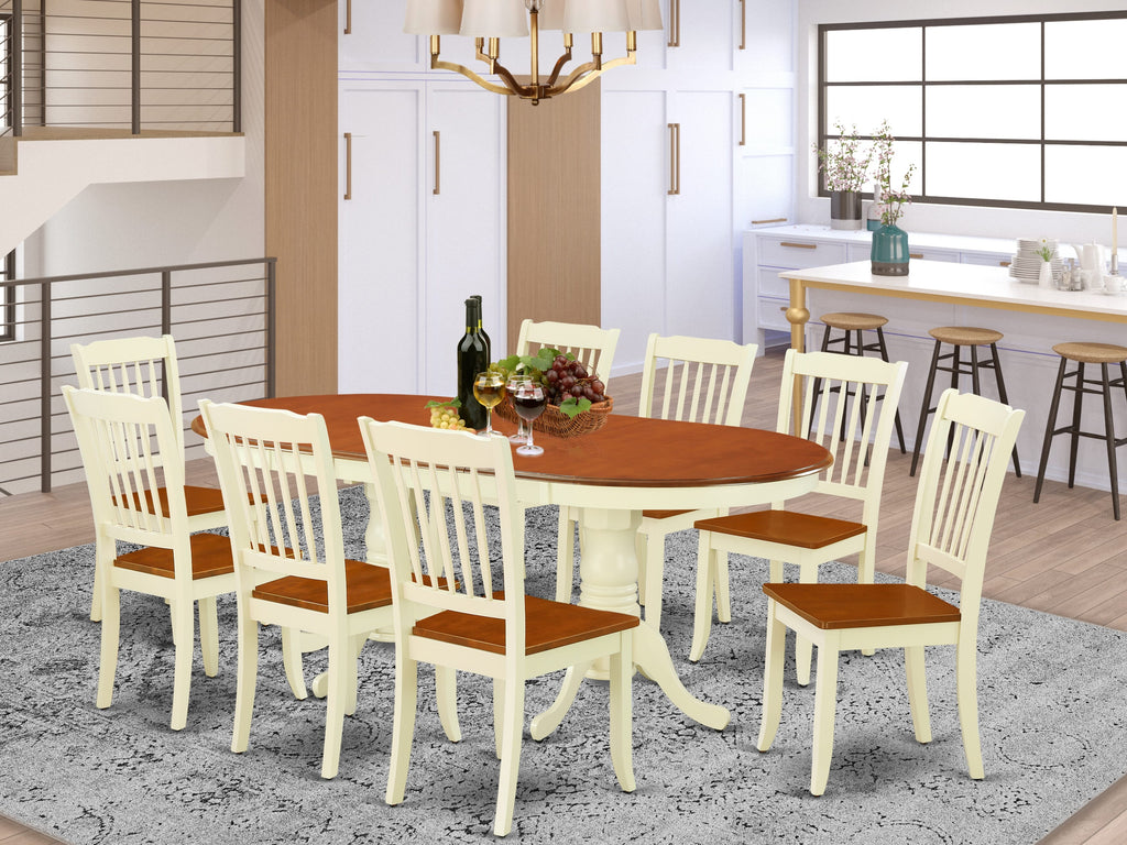 PLDA9-MGK-Q 9-Piece Oval Dining Table Set with Butterfly Leaf and 8 Buttermilk Cherry Chairs, 42x78