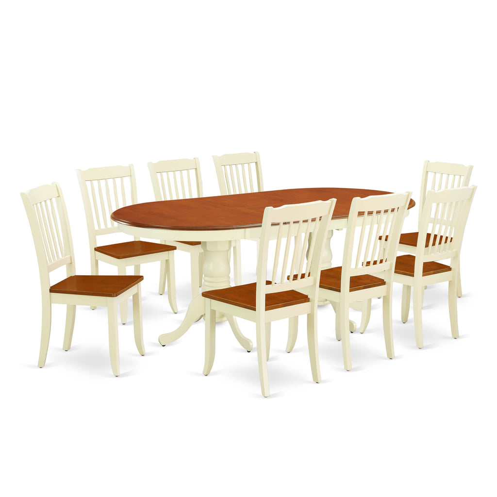PLDA9-MGK-Q 9-Piece Oval Dining Table Set with Butterfly Leaf and 8 Buttermilk Cherry Chairs, 42x78