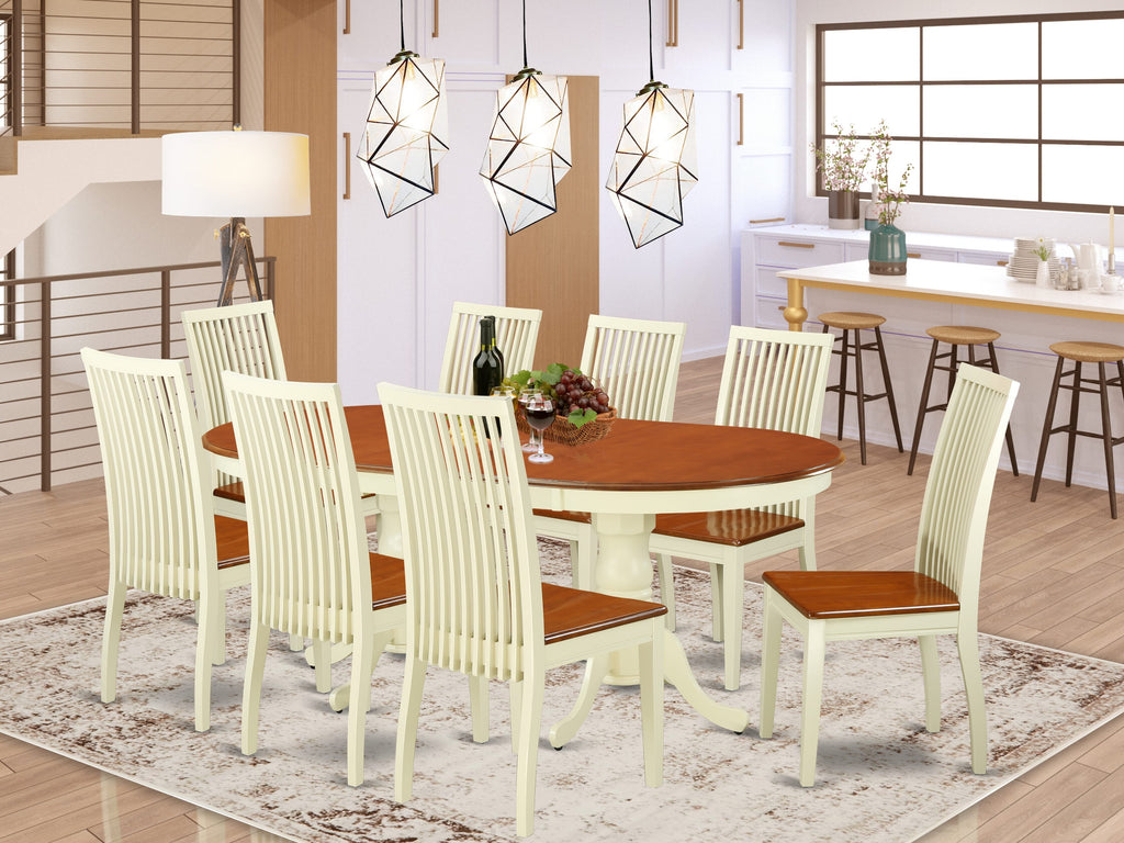 PLIP9-MLR-T Elegant 9-Piece Dining Set Oval Table with Extension Leaf & 8 Chairs in Warm Wood Finish, 42x78