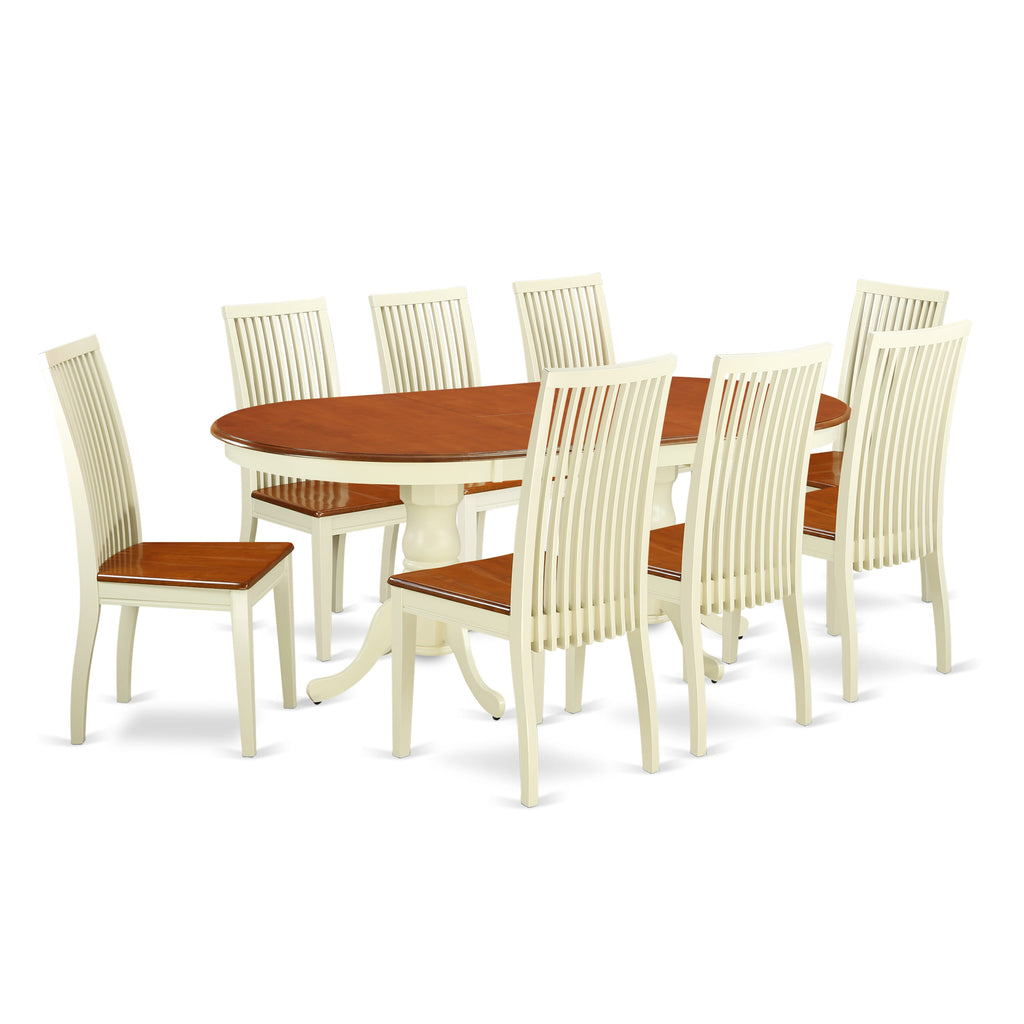 PLIP9-MLR-T Elegant 9-Piece Dining Set Oval Table with Extension Leaf & 8 Chairs in Warm Wood Finish, 42x78