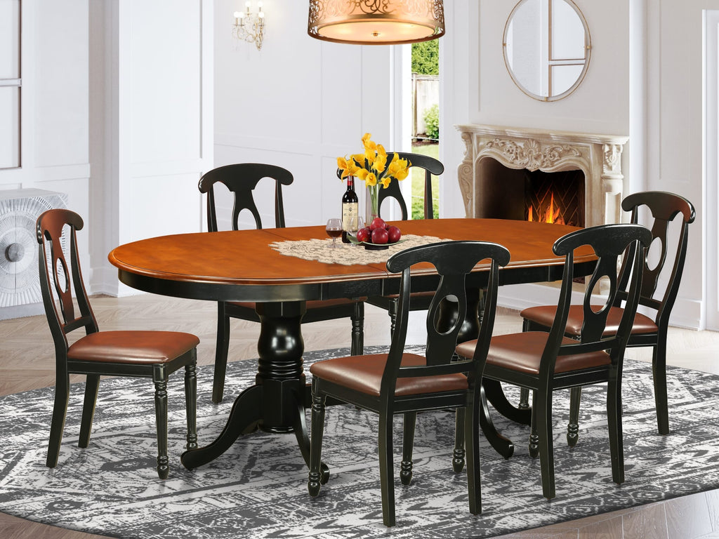 PLKE7-380-LZ 7-Piece Oval Dining Set Extendable Table with Leaf and 6 Leather Chairs - Black & Cherry, 42x78