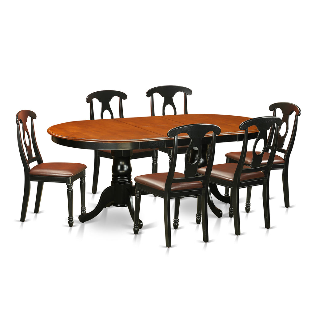PLKE7-380-LZ 7-Piece Oval Dining Set Extendable Table with Leaf and 6 Leather Chairs - Black & Cherry, 42x78
