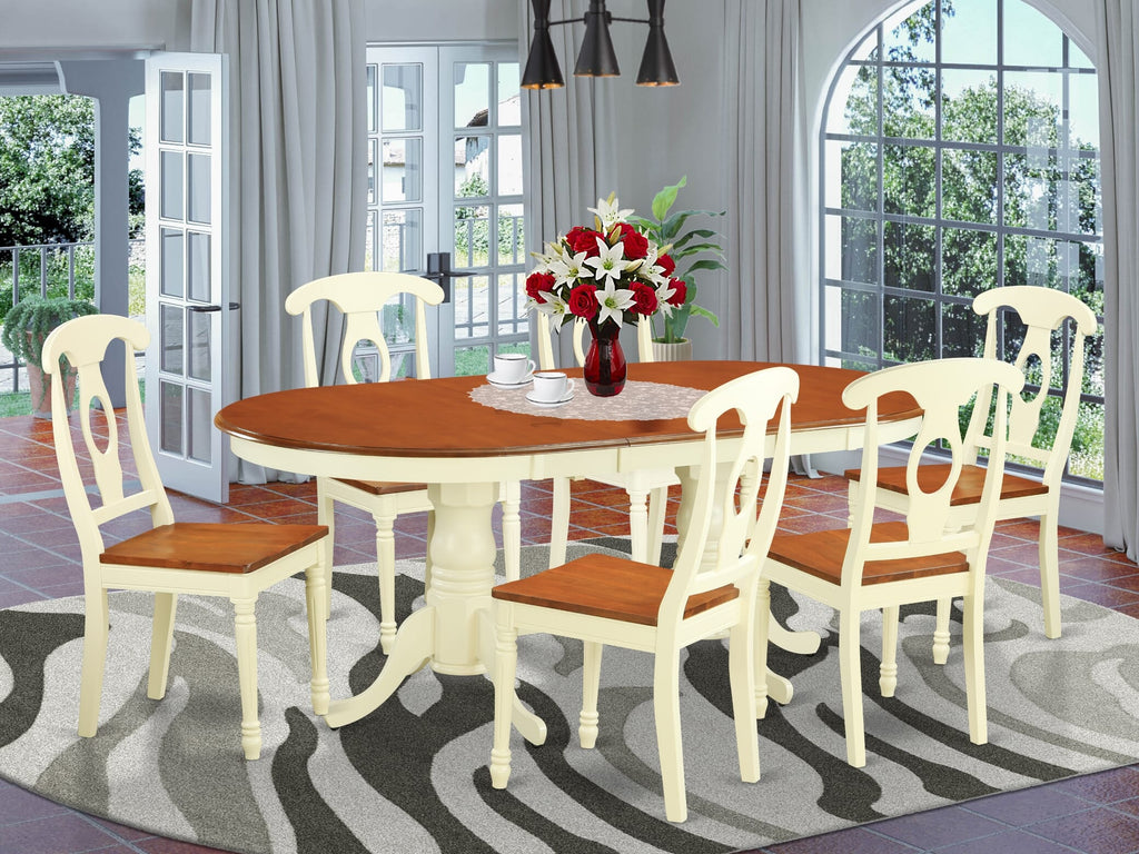 PLKE7-978-L Deluxe 7-Piece Oval Dining Set with Butterfly-Leaf Table and Six Chairs, Buttermilk & Cherry 42x78