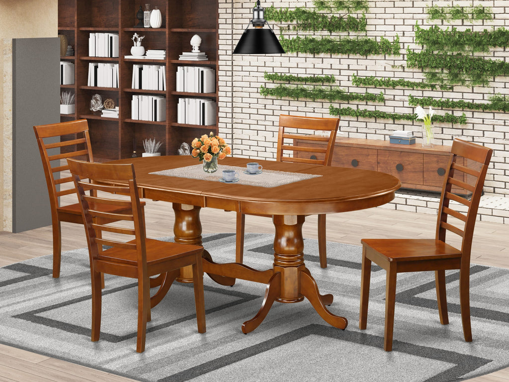 PLML5-RDI-V 5-Piece Set Oval Table with Leaf & 4 Chairs, Elegant Dining Room Suite in Saddle Brown