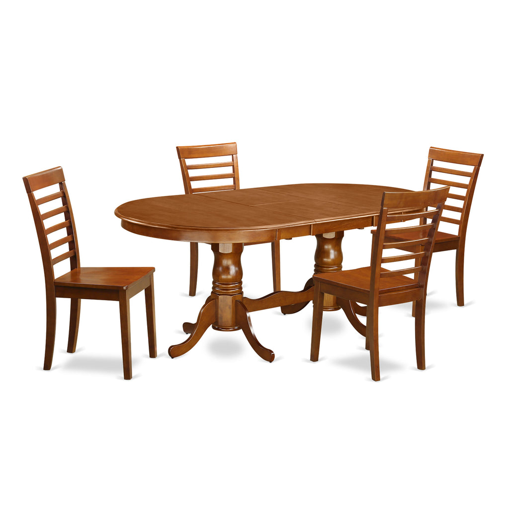 PLML5-RDI-V 5-Piece Set Oval Table with Leaf & 4 Chairs, Elegant Dining Room Suite in Saddle Brown