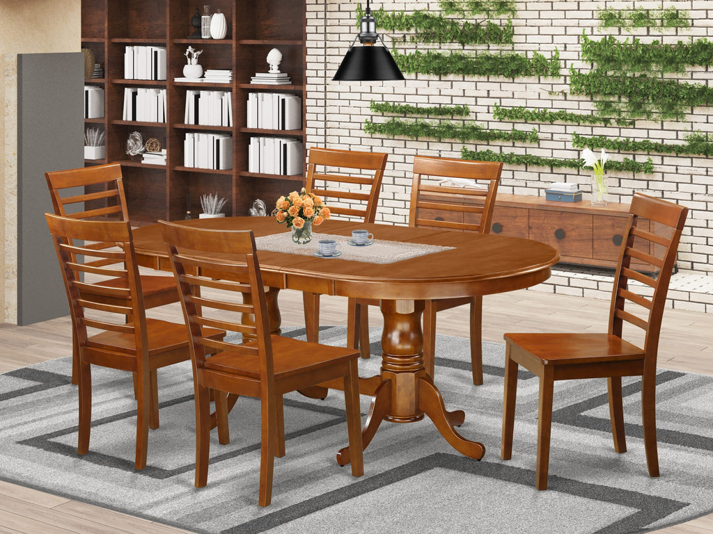 PLML7-6IP-D Seven-Piece Dining Ensemble Oval Table with Foldable Insert & Six Saddle Brown Seats, 42x78