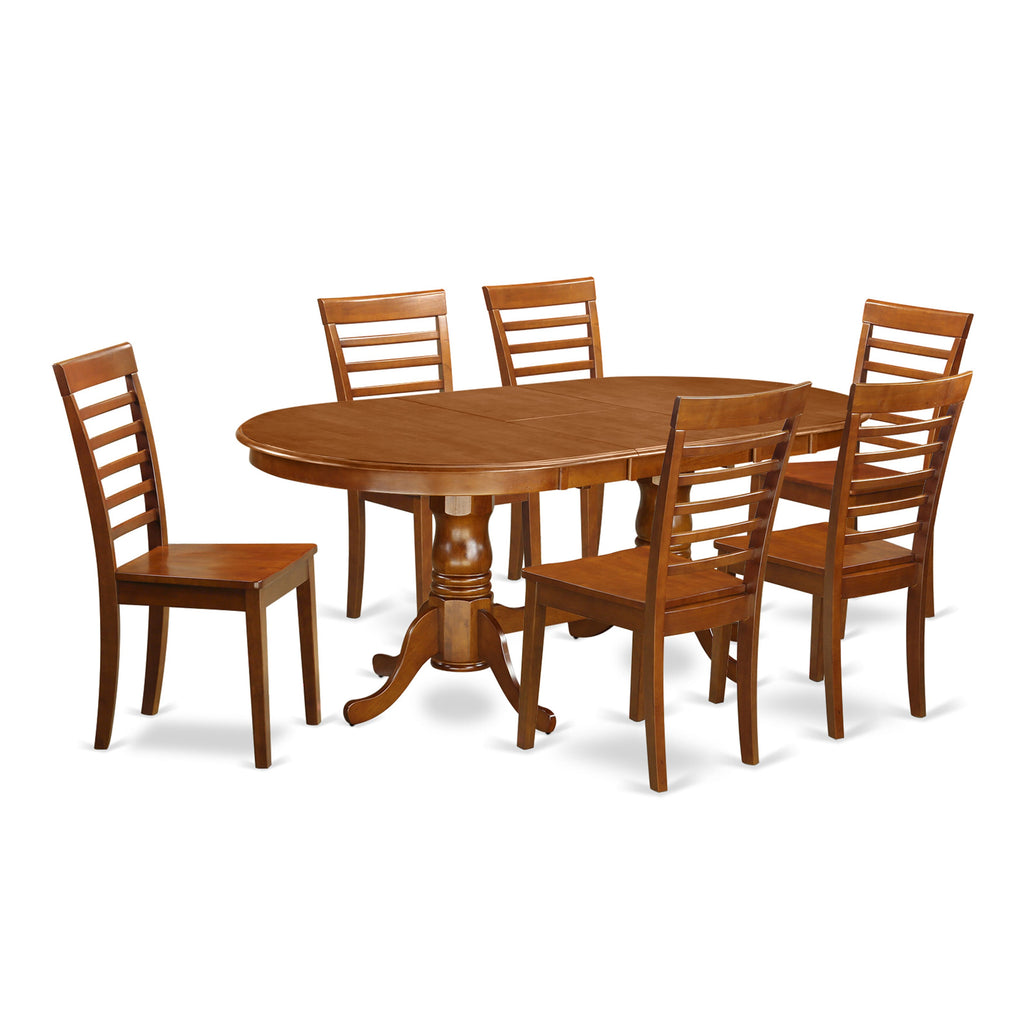PLML7-6IP-D Seven-Piece Dining Ensemble Oval Table with Foldable Insert & Six Saddle Brown Seats, 42x78