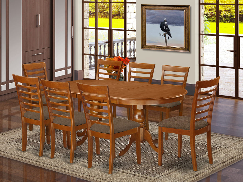 PLML9-2V1-5 9-Piece Dining Set with Oval Table, Butterfly Leaf & 8 Linen Chairs, 42x78 In, Saddle Brown