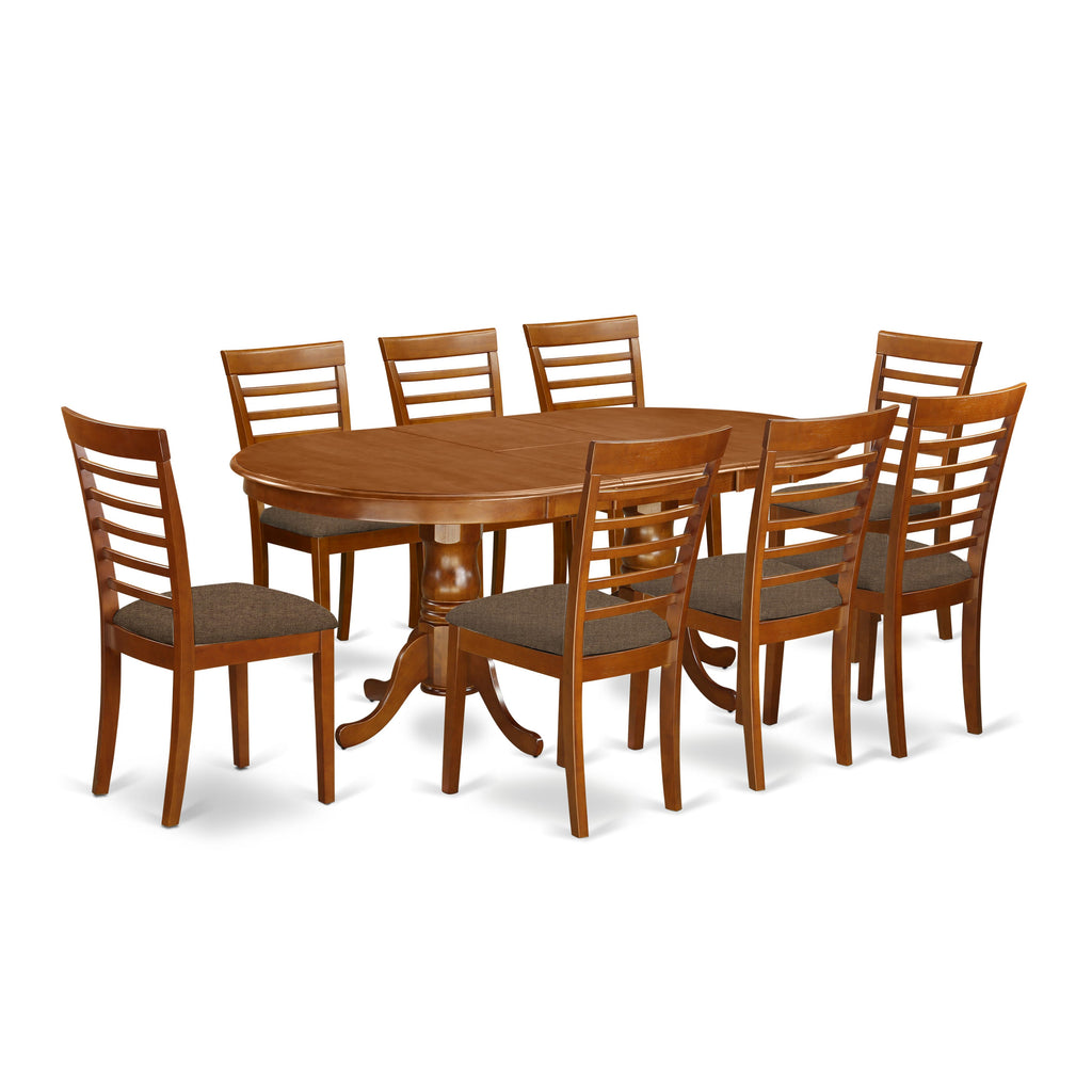 PLML9-2V1-5 9-Piece Dining Set with Oval Table, Butterfly Leaf & 8 Linen Chairs, 42x78 In, Saddle Brown